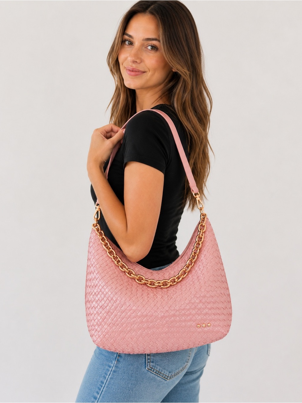 Pretty Simple Sienna Slouchy Woven Shoulder Bag Soft Vegan Leather Dusty Rose